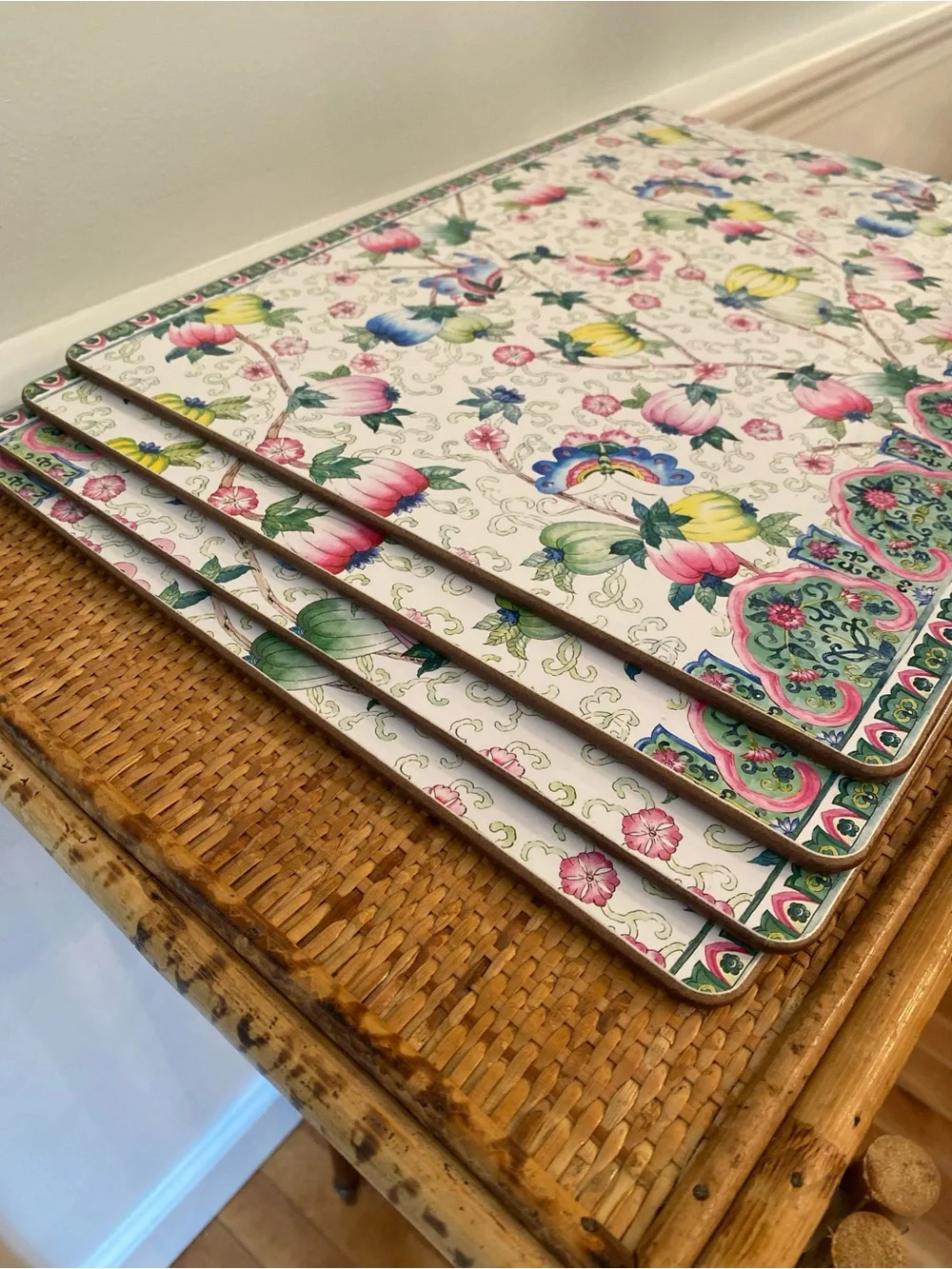 Williams Sonoma Famille Rose Cork Backed Placemats Pink, Yellow & Blue Floral